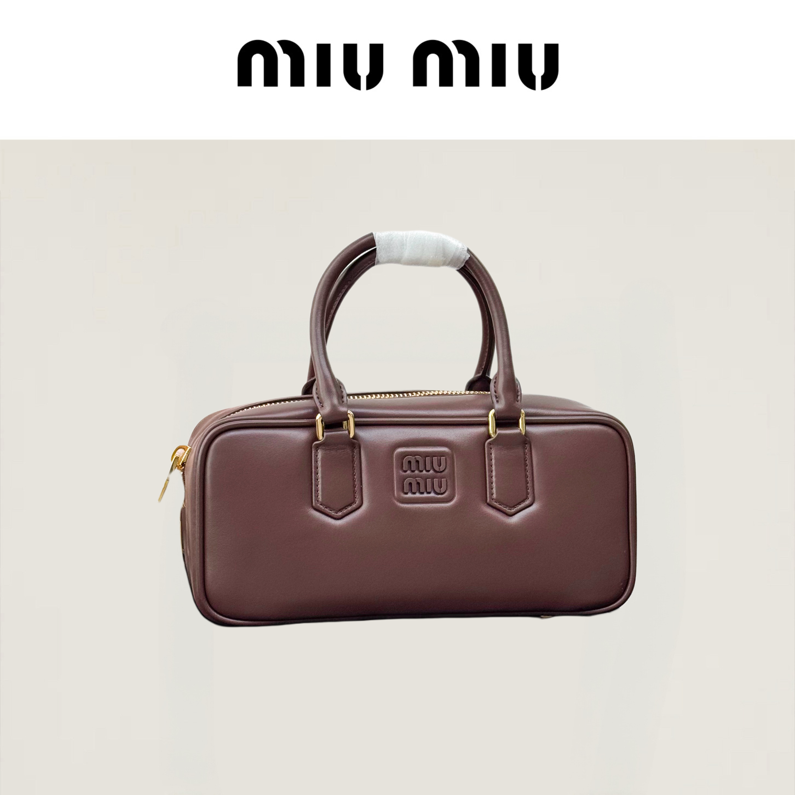 99新 MIU MIU/缪缪 石南木色徽标全皮arcadie大号公文包，保龄球包