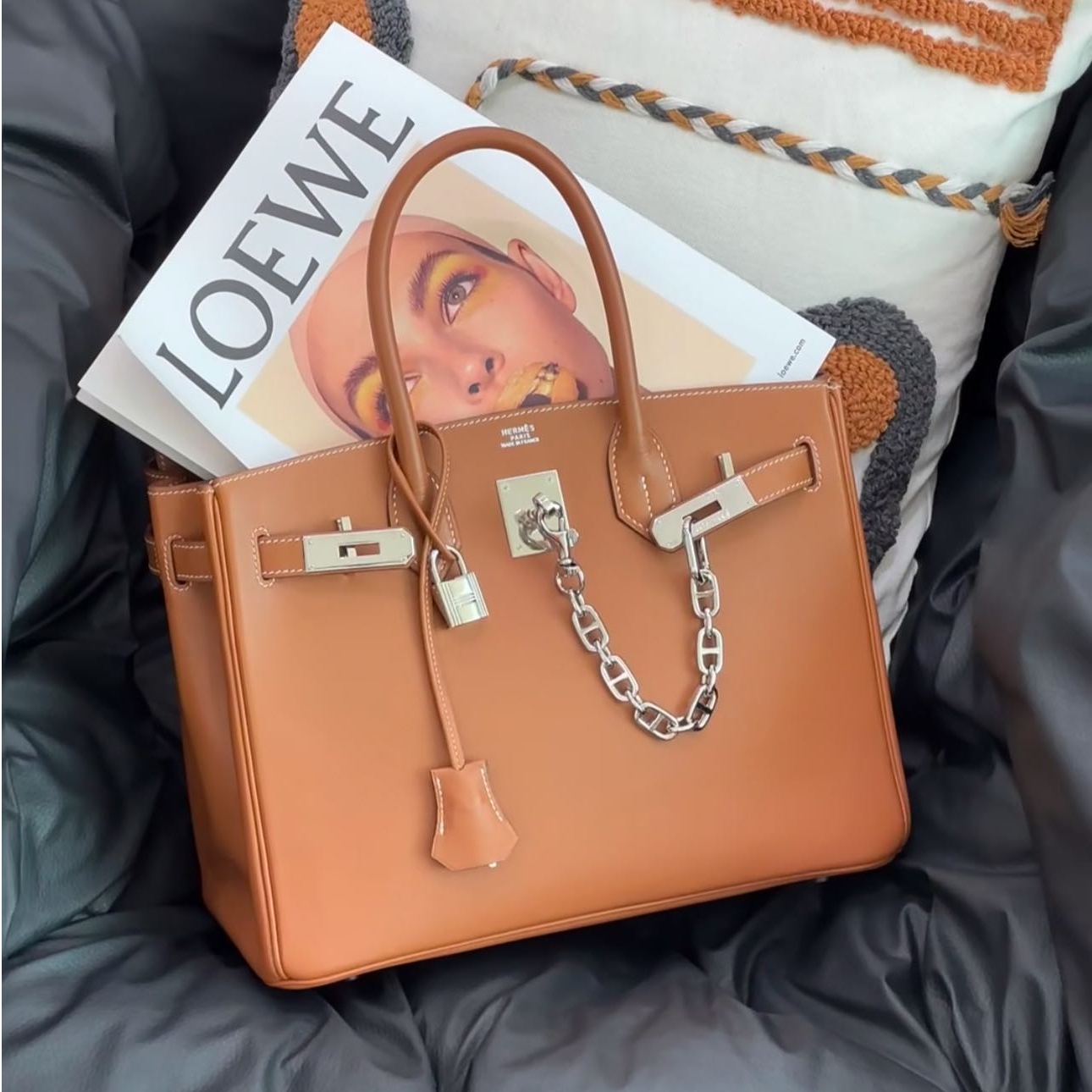 99新 Hermes/爱马仕 花花 Birkin 30 37金棕色 Epsom皮 框K 银扣 