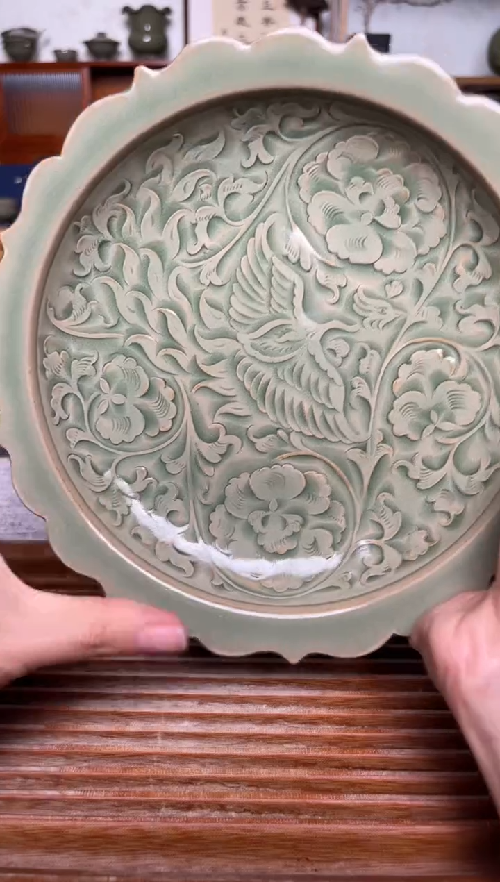 【闪购商品】其他王晓娜 纯手工秘色凤穿牡丹花口赏盘