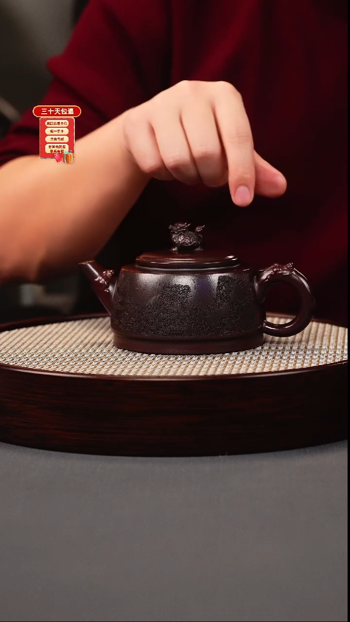 茶壶紫砂古红泥 龙龟壶 刻绘