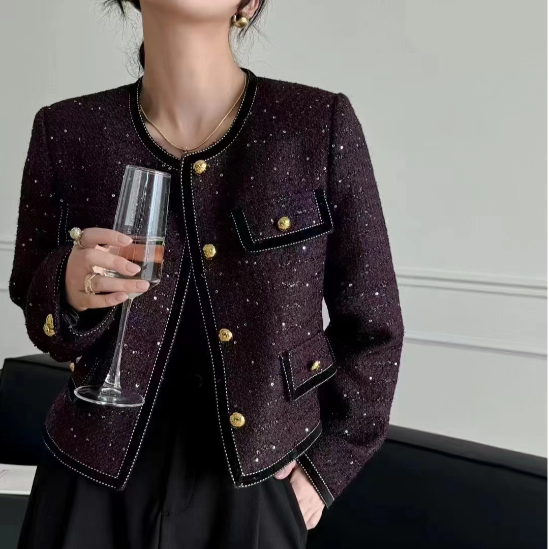 9167 秋季新款欧洲站轻奢重工亮片圆领小香风短款外套 YS三楼