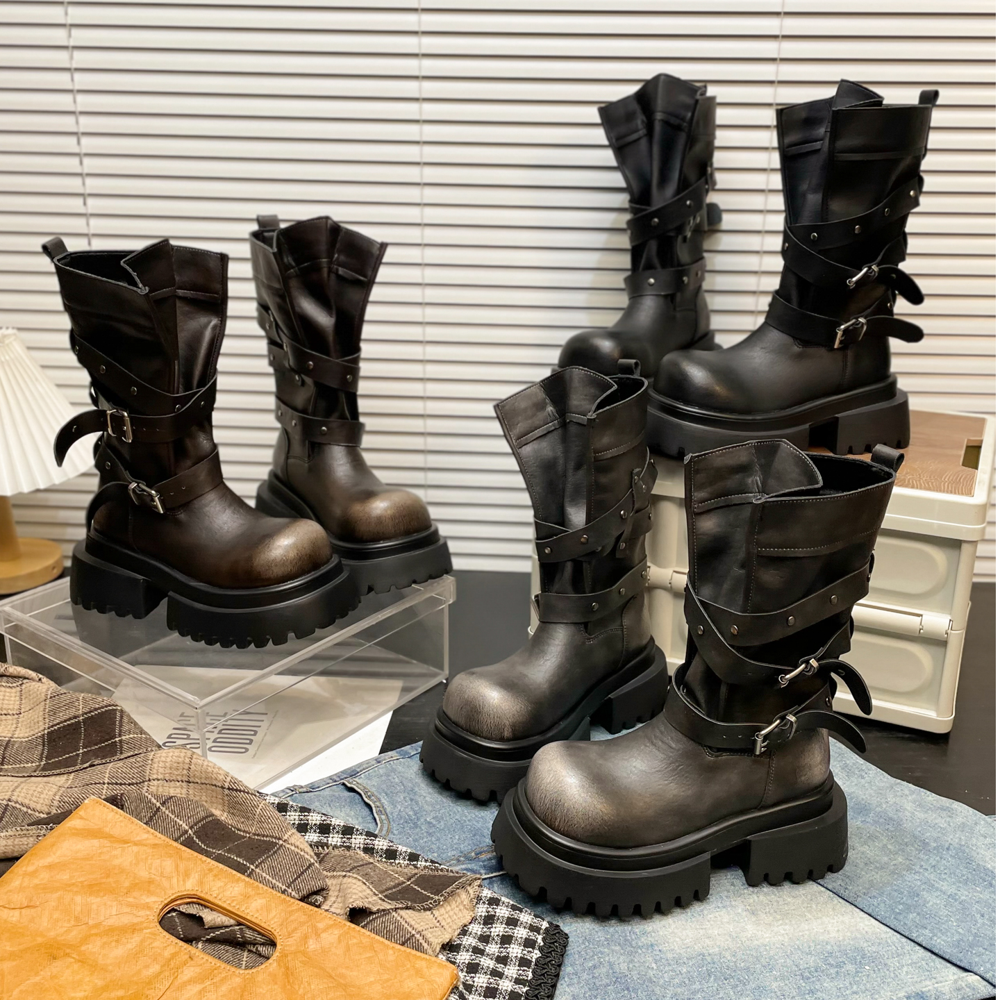 【燕】时尚百搭厚底大头中筒马丁靴女2025年新款滴液拽酷骑士靴