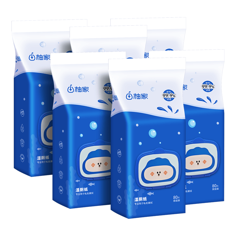 柚家悬挂式湿厕纸80片*6包加厚加大点断式婴儿擦屁屁去污可扔马桶
