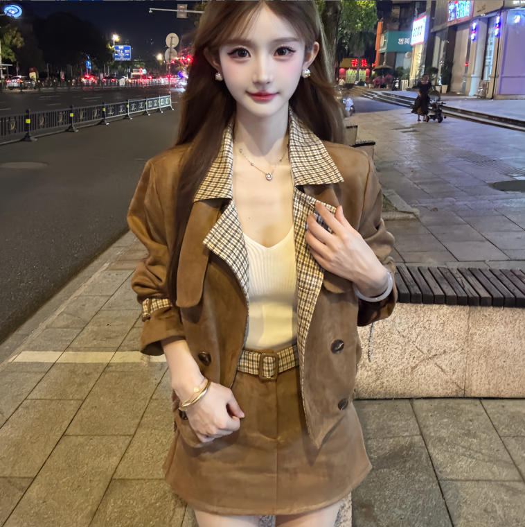【复古翻领格纹外套与高腰半身裙美拉德套装】