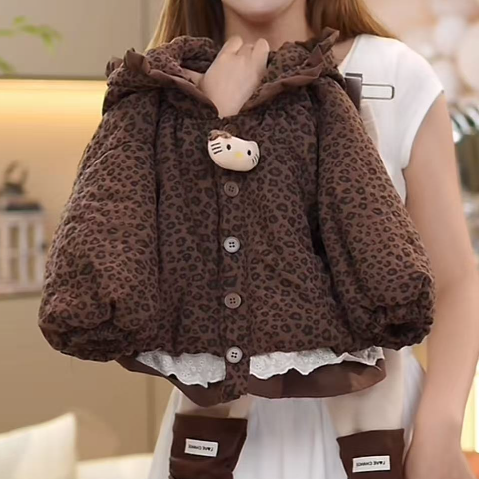 女童秋冬外套2025新款儿童冬季豹纹加绒加厚宝宝韩版连帽花边棉服