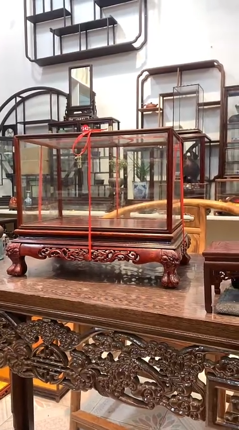 【闪购商品】微凹黄檀（南美大红酸枝）木艺虎脚玻璃罩加高到30