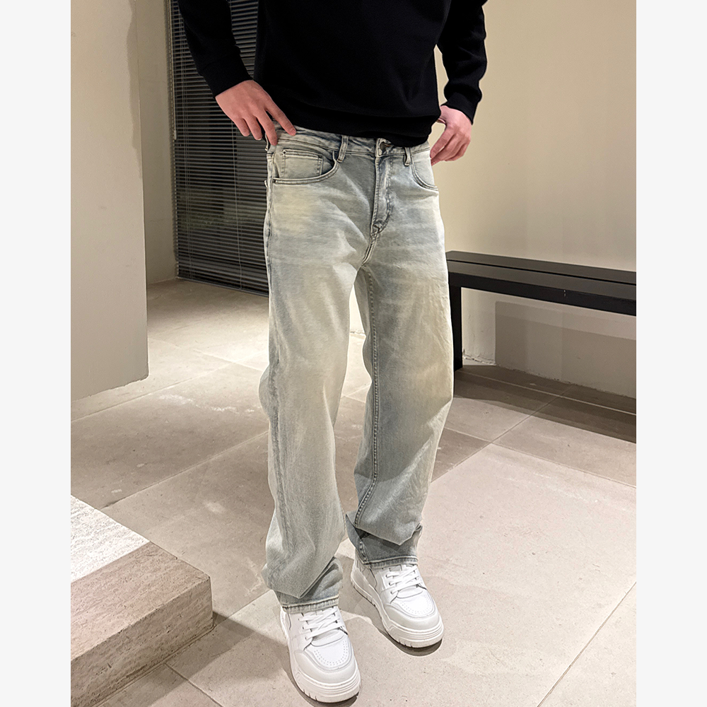 YIHAO STUDIO秋季男款水洗直筒牛仔裤子蓝色休闲百搭长裤