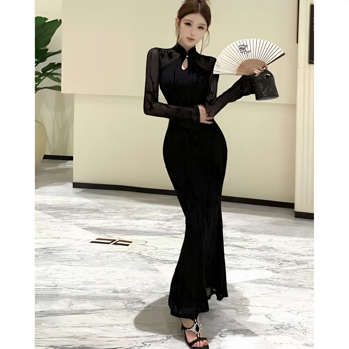 优雅旗袍新中式设计师修身气质包臀裙水滴领长袖显瘦性感