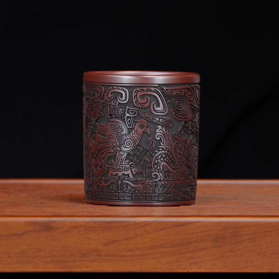 宜兴全手工原矿茶具正宗石红手刻四大神兽高端自用直筒紫砂主人杯