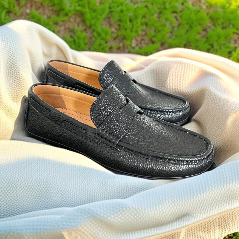 YPFL透气双车线真皮豆豆鞋软底舒适纯色黑色