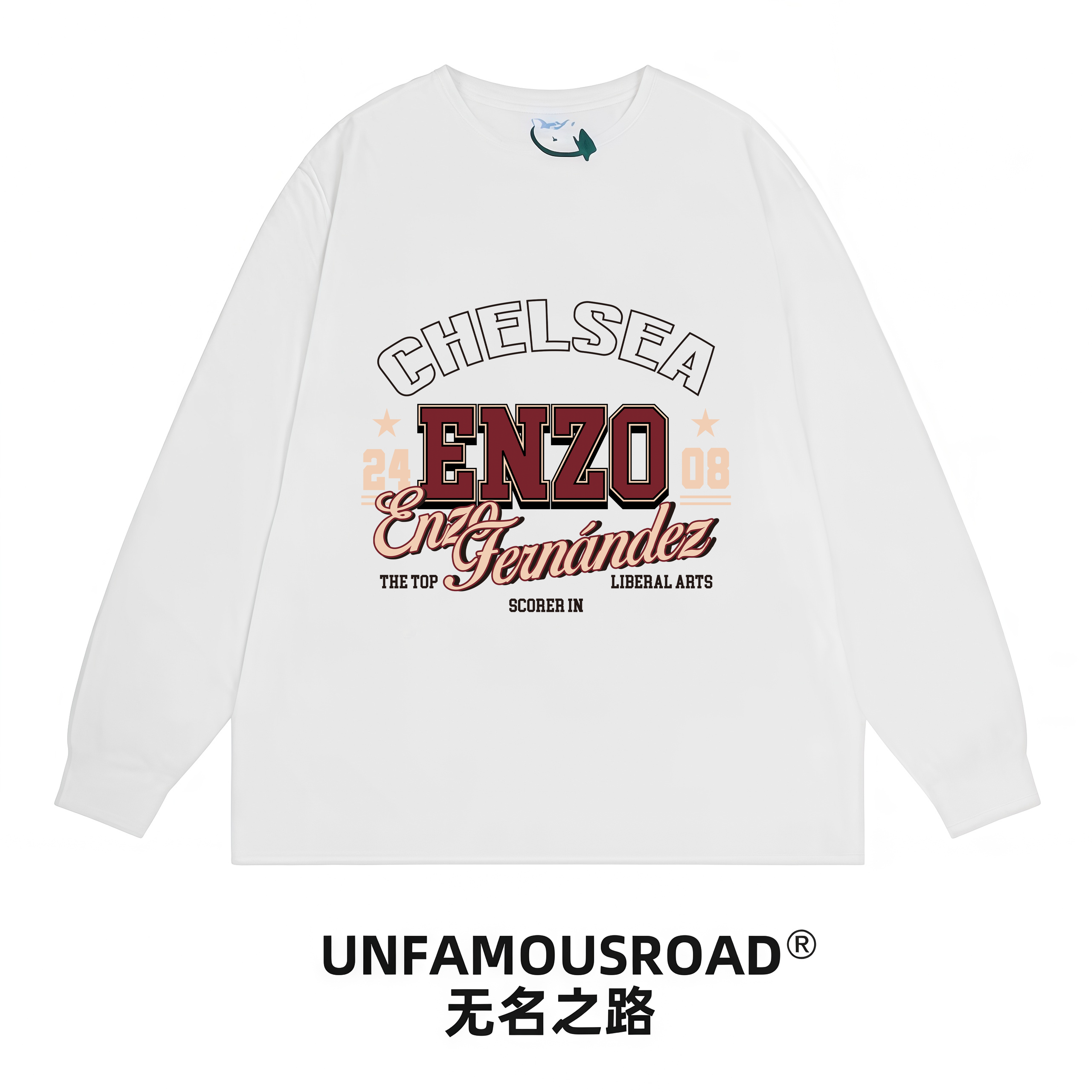 unfamousroad恩佐单面双色 白色长袖100%纯棉 美式运动落肩穿搭