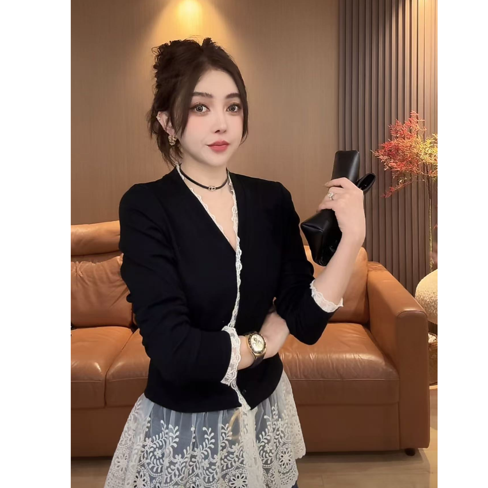 C4 【维拉少女】法式拼接蕾丝修身显瘦长袖开衫 EC0412