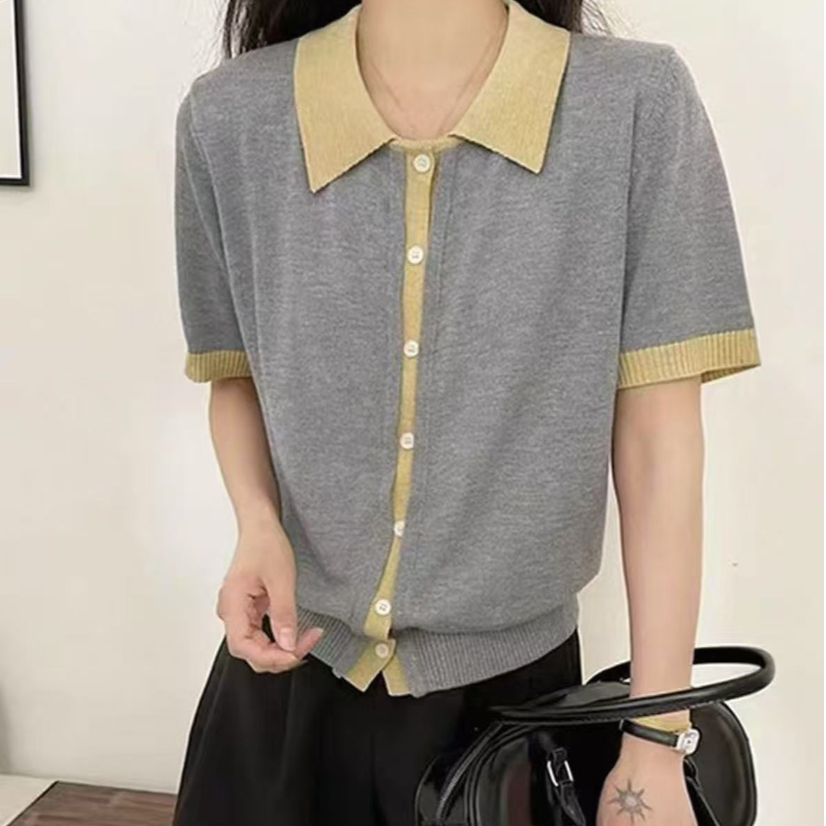8354-（黄色翻领袖口门襟）（灰色）POLO针织衫短袖