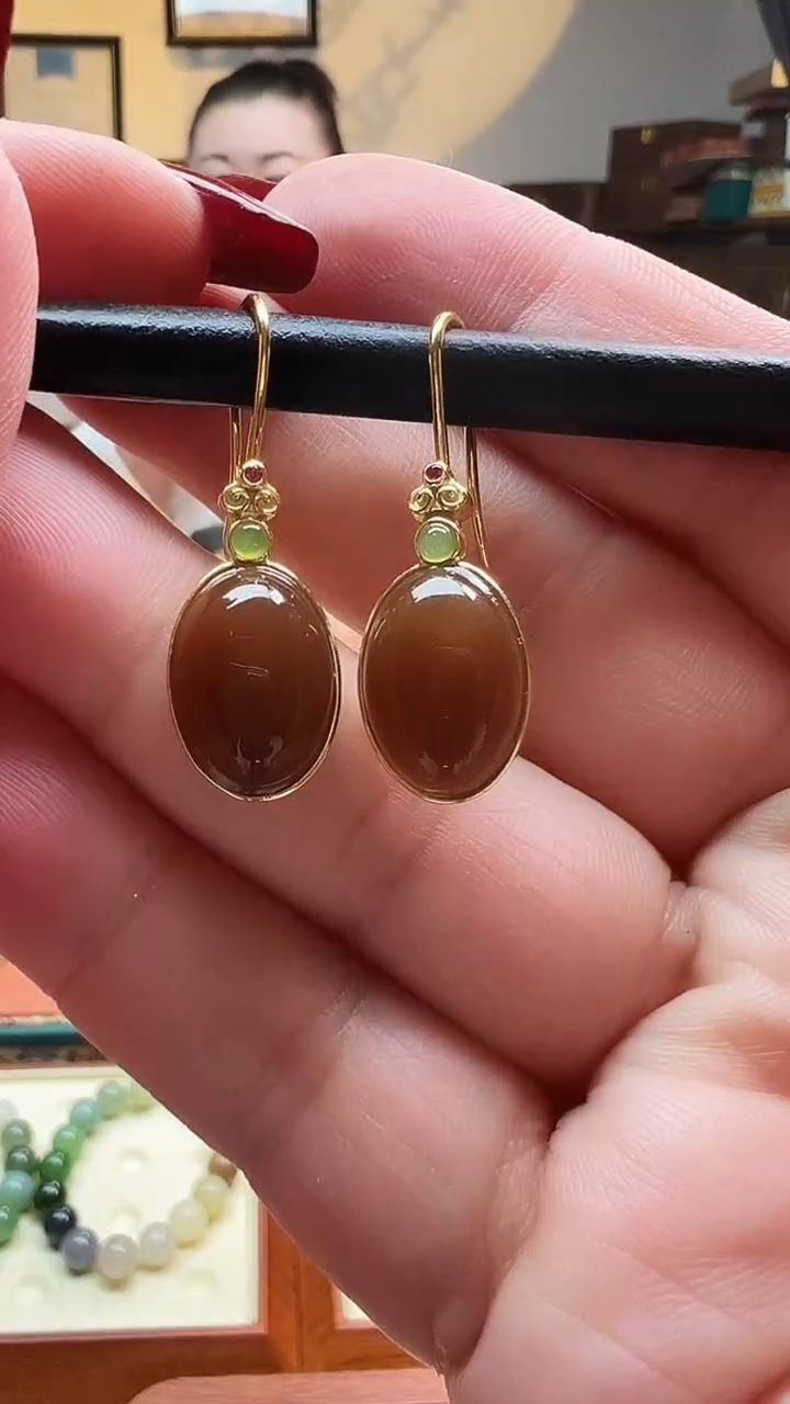 银S925镶嵌和田玉耳饰糖蛋面耳环