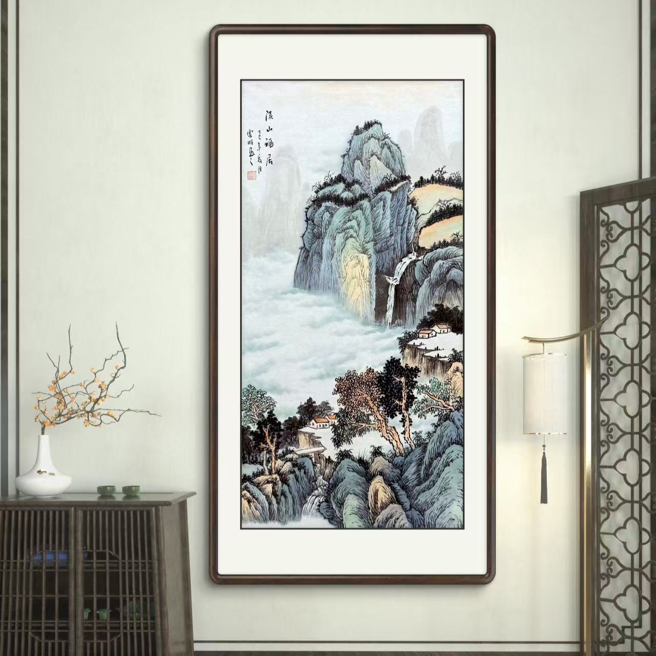 纯手绘《溪山福居》三尺竖幅山水玄关书房茶室国画挂画作品文玩探宝