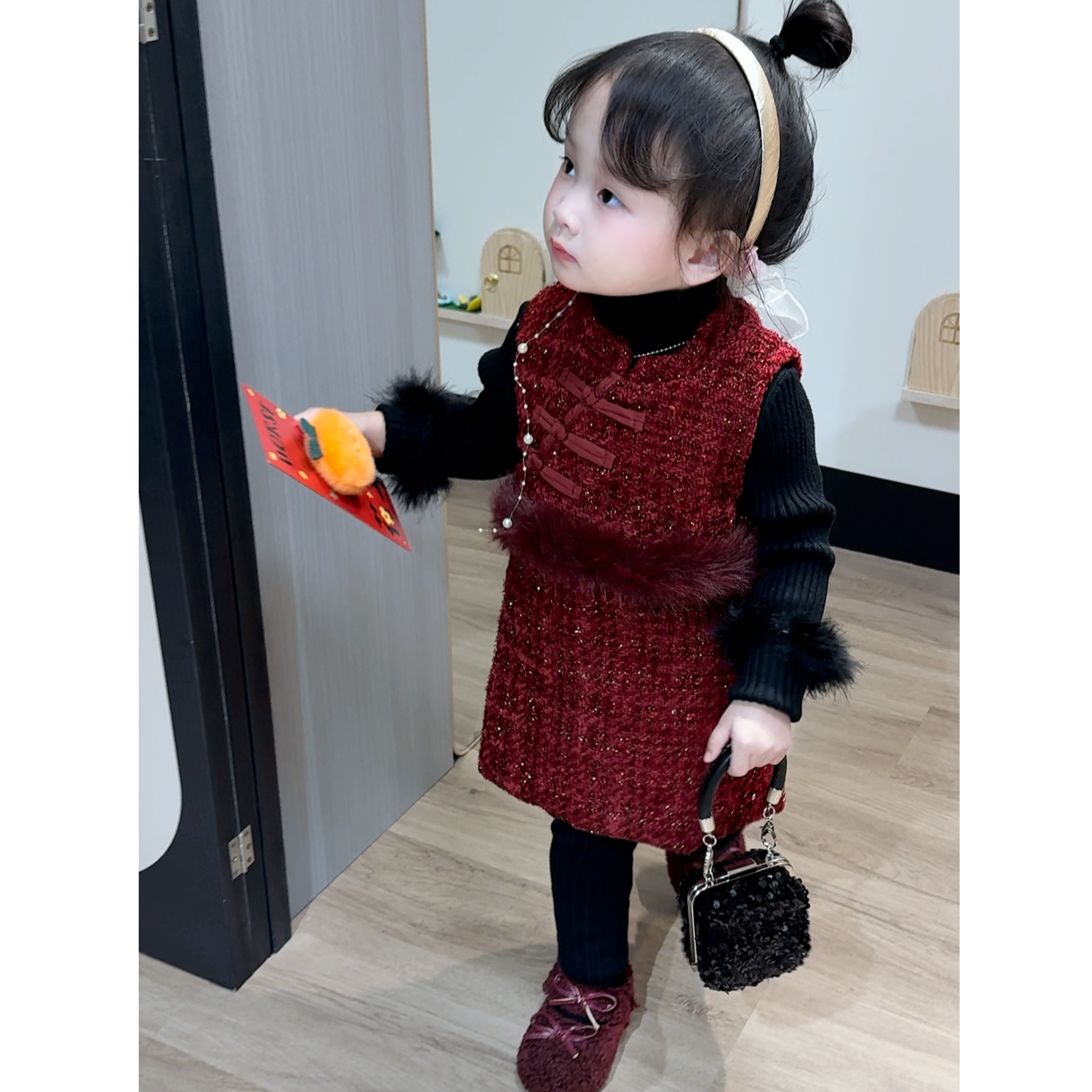 女童冬季加绒连衣裙新款中国风洋气保暖新中式年服裙子