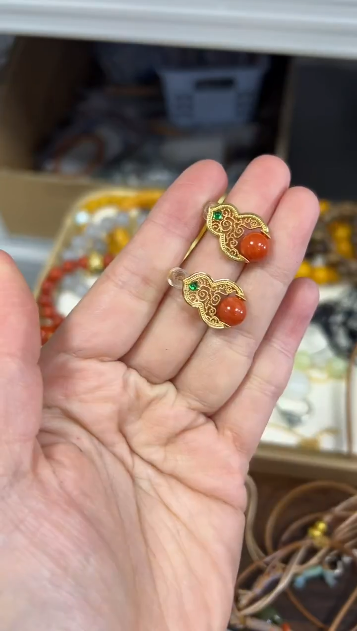 项链银S925镶嵌南红玛瑙南红玛瑙圆珠葫芦镶嵌银针耳钉[75]