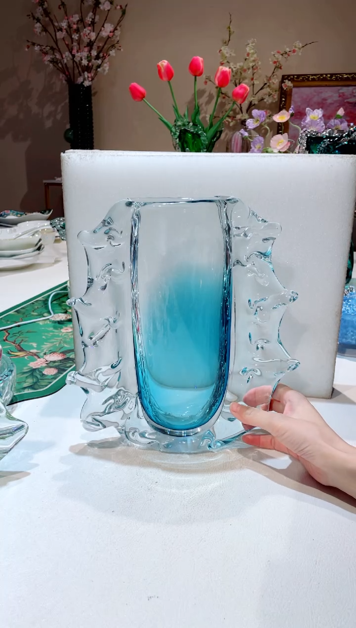 【闪购商品】琉璃手工艺品大号蓝色海参花瓶  微瑕