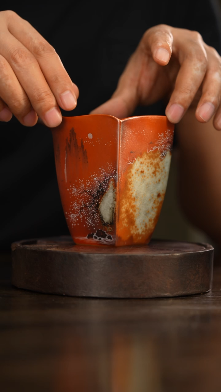 25柴房陶瓷柴烧金红落灰画片公道杯