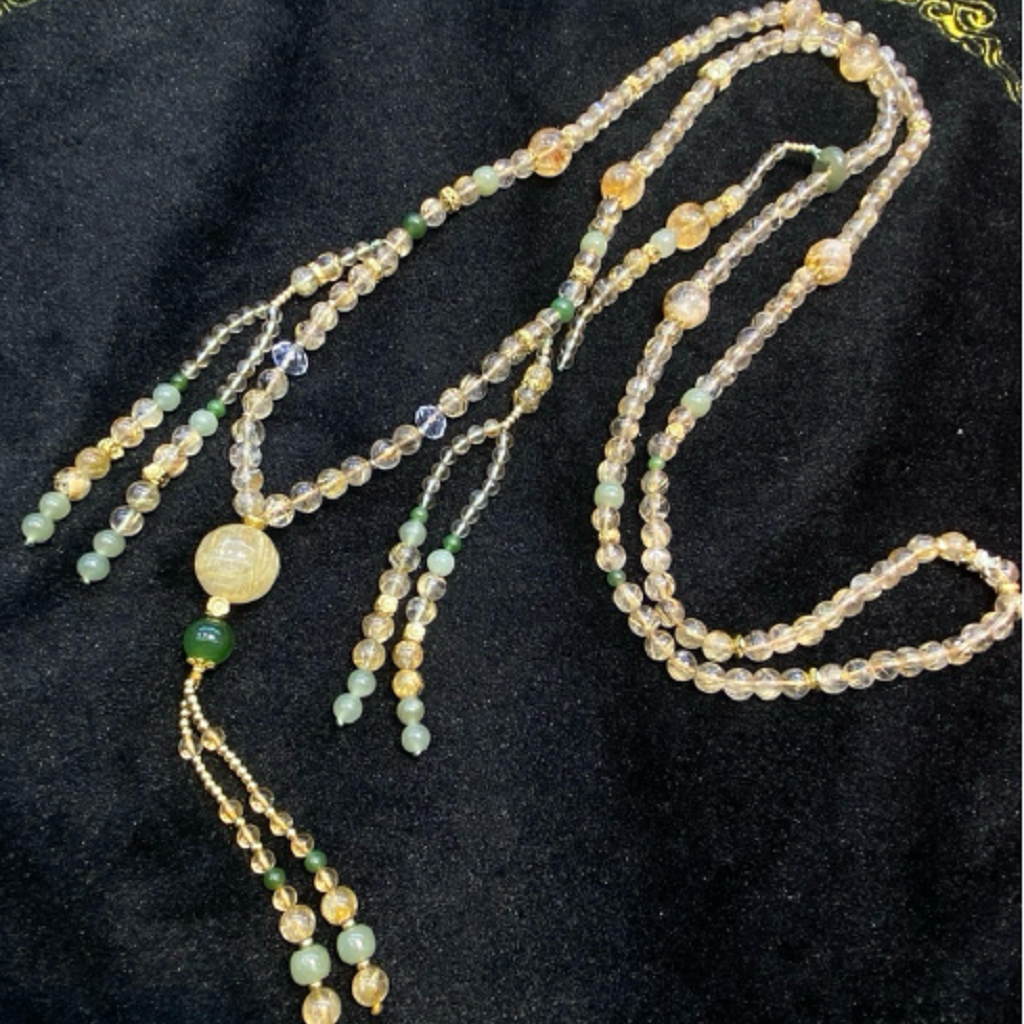 金发晶斜挎项链+黄水晶+和田玉