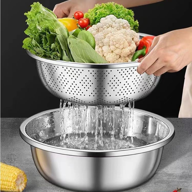 DCDC【实盆+漏盆】32cm不锈钢沥水盆洗米盆洗菜盆洗水果盆多用途盆