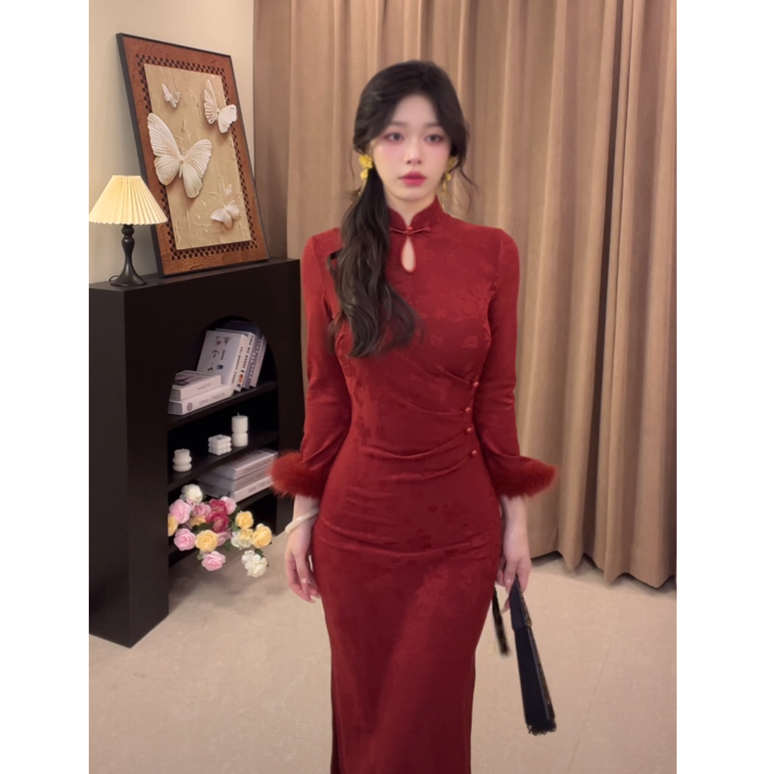 【织锦】红色加绒弹力新中式旗袍秋冬新款改良款旗袍连衣裙衣长120