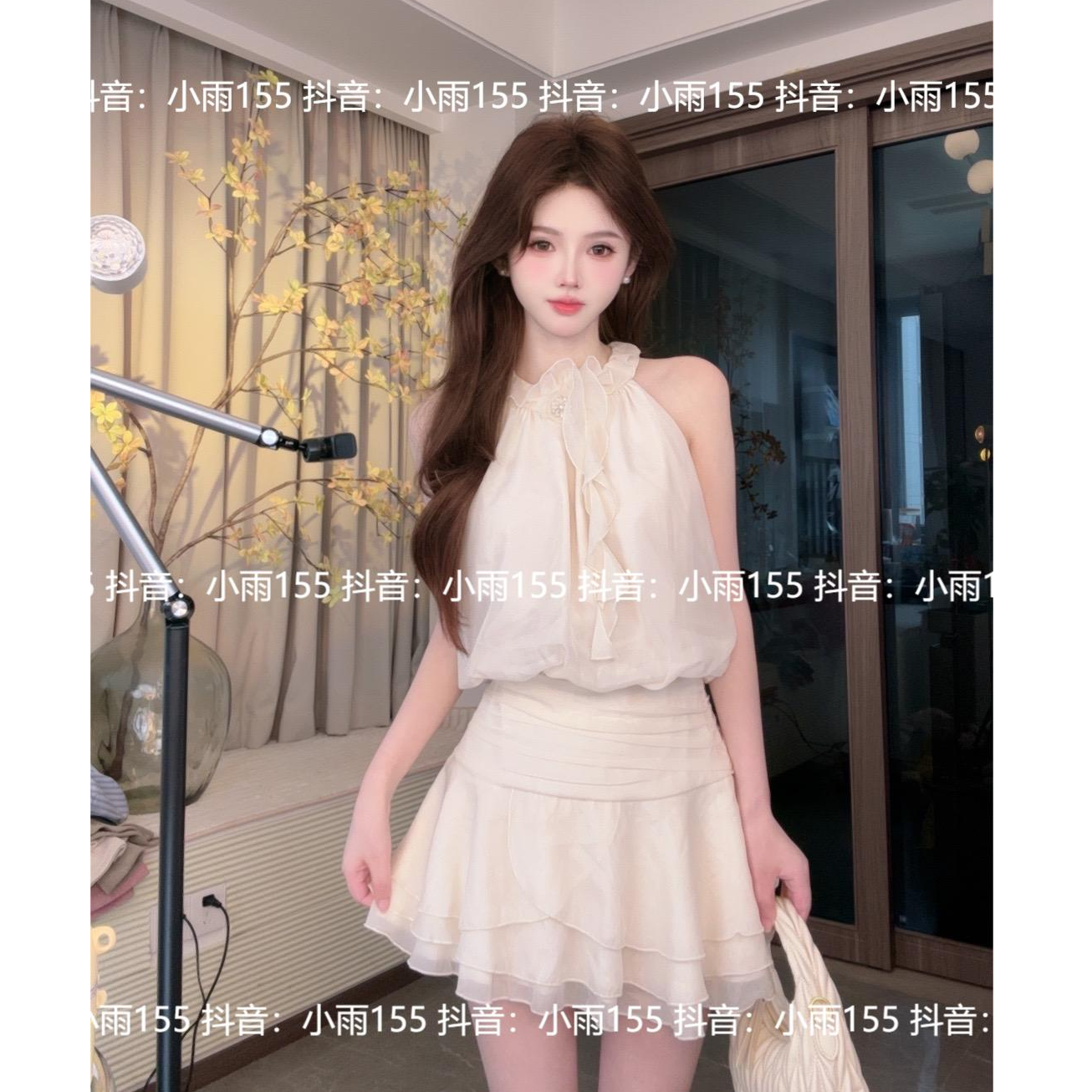 【ZQ】春夏挂脖茶系甜美气质小众无袖裙子高腰连衣裙