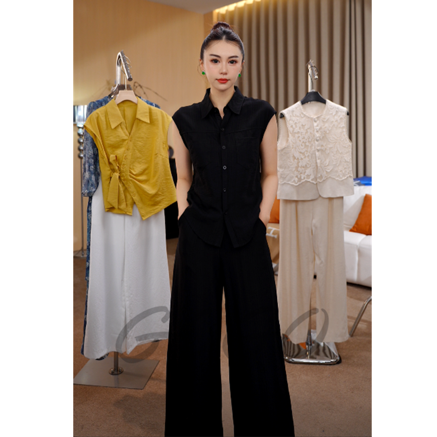 G6312时尚套装女2025夏季新款洋气显瘦无袖衬衫上衣阔腿裤两件套
