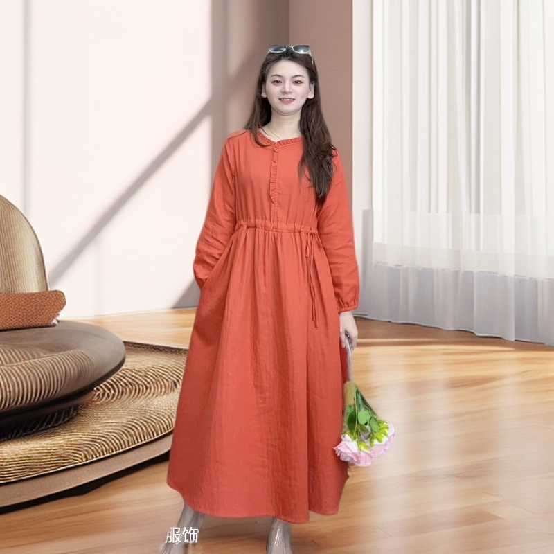 2025九儿秋款纯色双纱棉木耳领口减龄舒适显瘦连衣裙9668收腰裙子