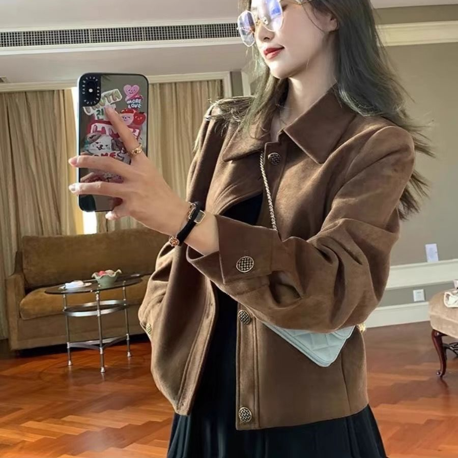 咖色麂皮绒外套女短款2025春秋款韩系宽松休闲复古小个子夹克上衣