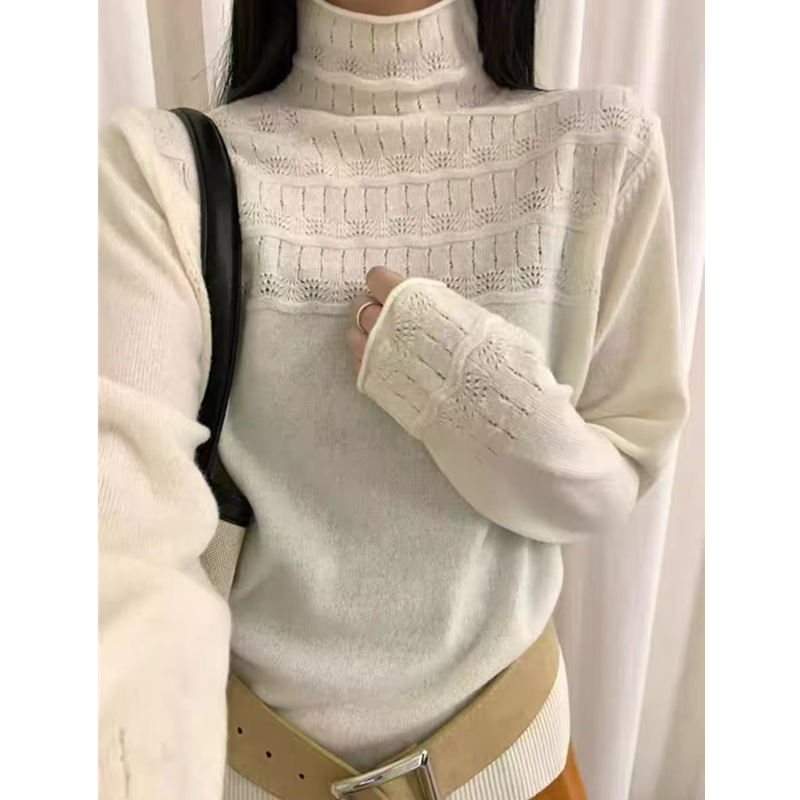 秋冬新款纯色高领勾花设计简约百搭套头针织打底衫