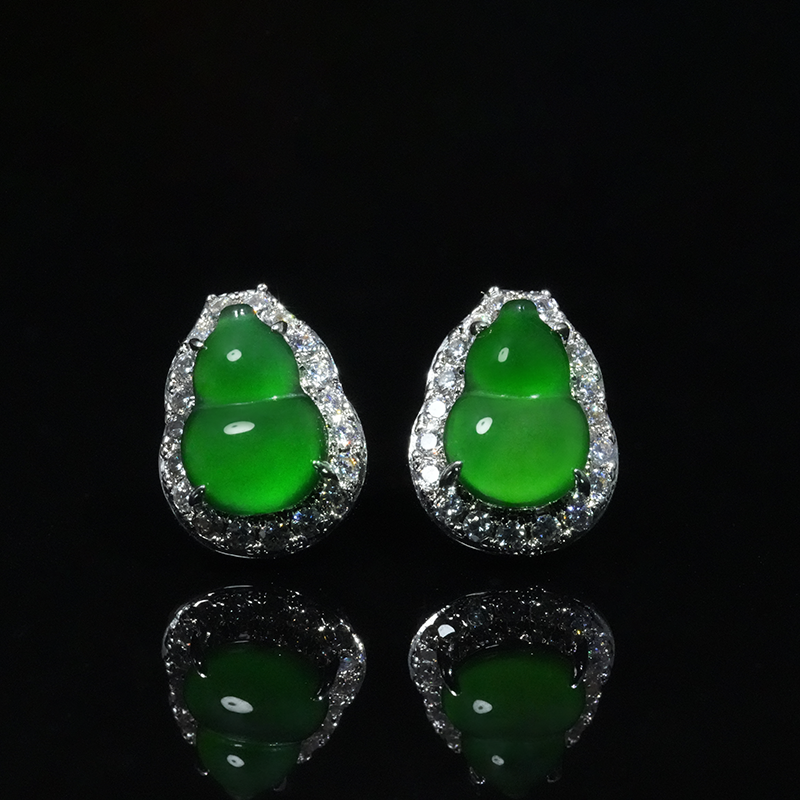 【小胖翡翠】天然翡翠葫芦耳钉A货满绿轻奢百搭日常耳饰-多样性发1