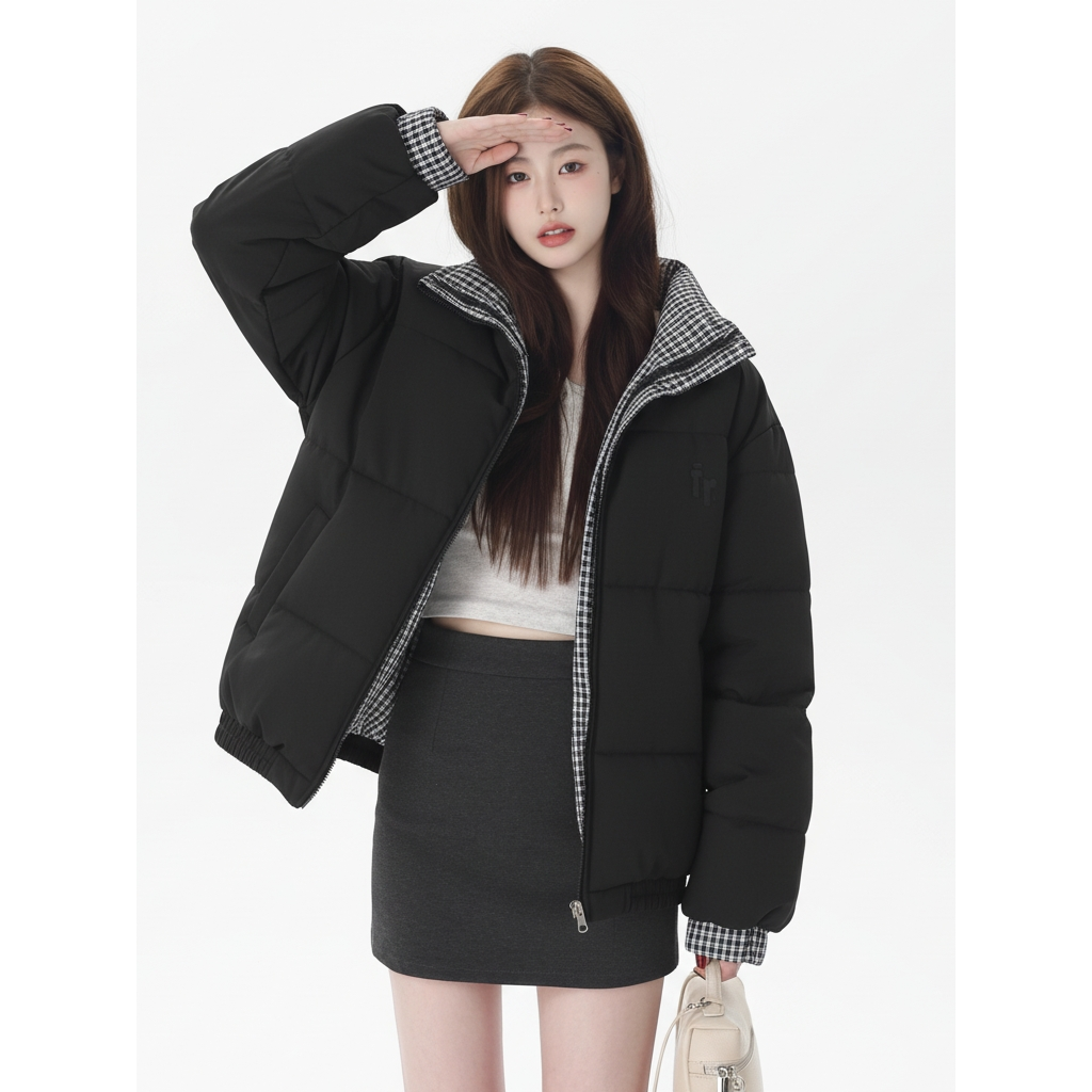 YWBY冬季加厚保暖棉服棉衣女假两件立领宽松潮流休闲高级感外套 