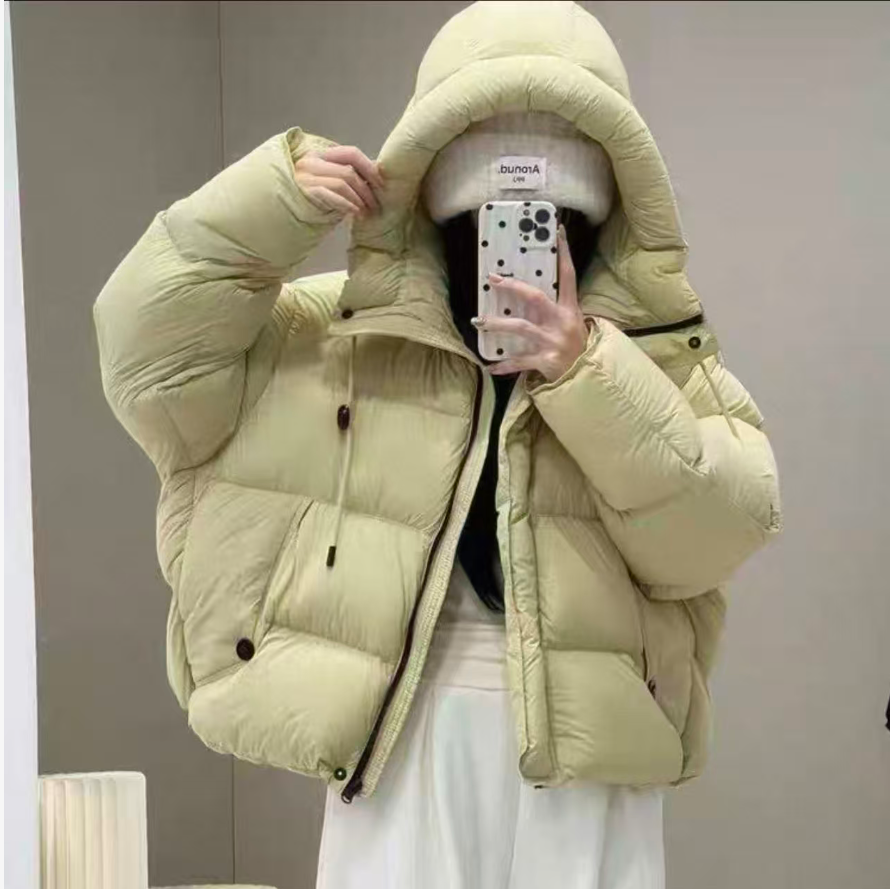 白鸭绒韩版短款柔软宽松连帽保暖拉链口袋休闲百搭连帽羽绒服加厚