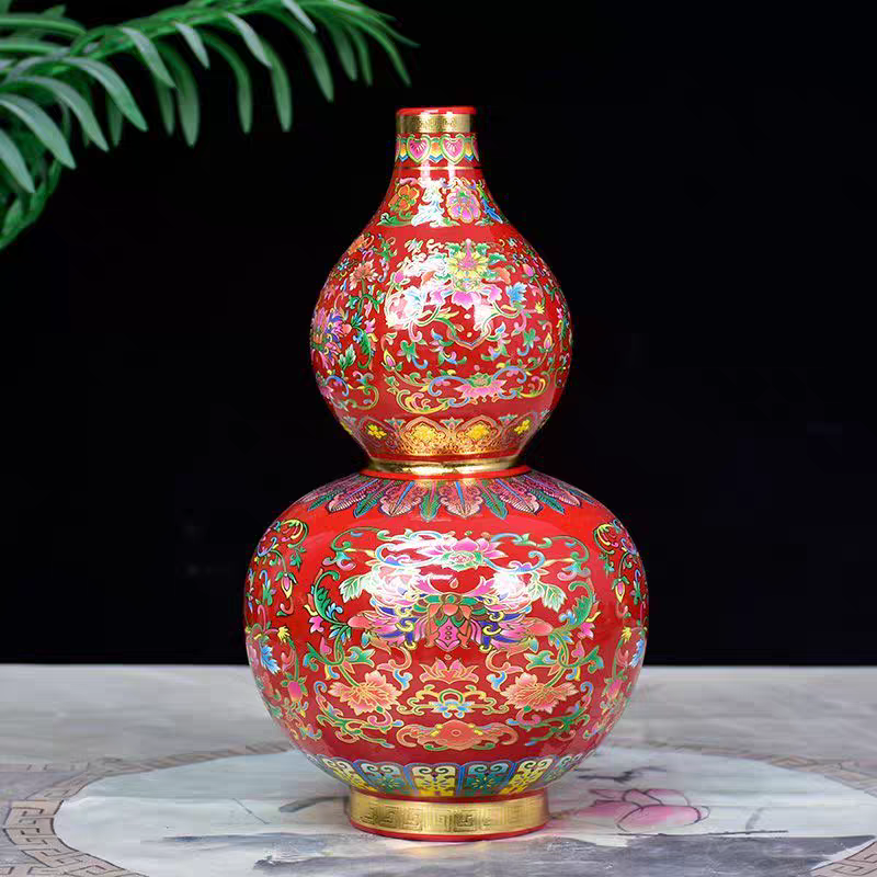 （高32cm）景德镇陶瓷新中式掐金丝红色葫芦瓶福寿福禄葫芦客厅摆件