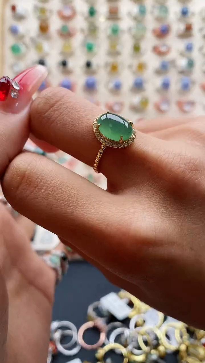 【闪购商品】翡翠戒指银S925镶嵌缅甸天然A货翡翠222 4+8