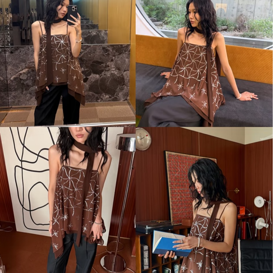 现货/25春夏新款棕色烟花不规则下摆吊带上衣