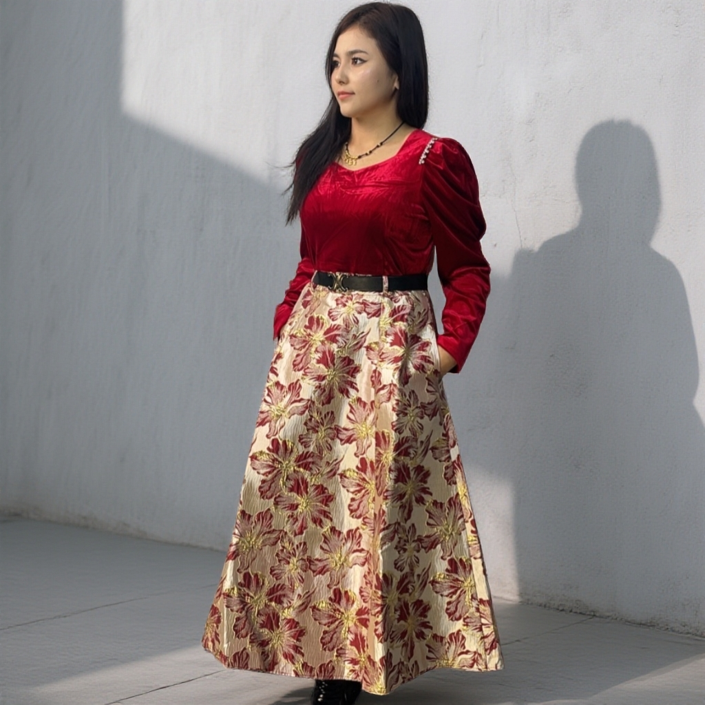 复古法式时尚套装红色裙子秋冬收腰碎花春季长袖显瘦套装