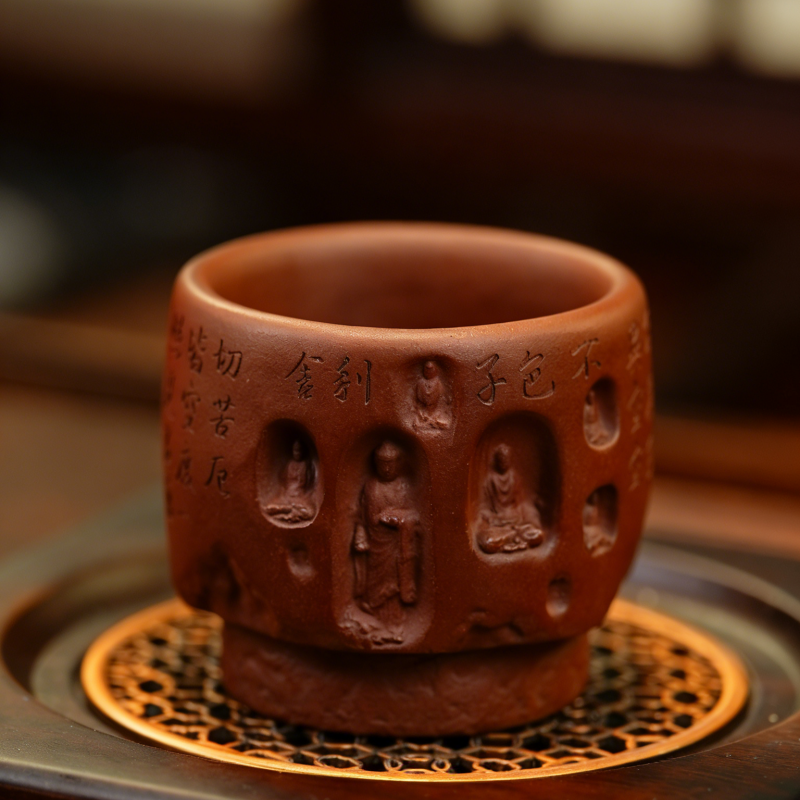 【宜兴原矿】老紫泥全手工紫砂主人杯 石窟佛心经 收藏品茗！