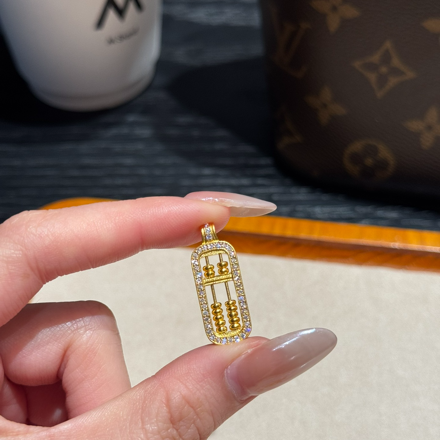 【足金算盘吊坠】莫桑手工古法老铺纯黄真金999工艺镂空女款吊坠
