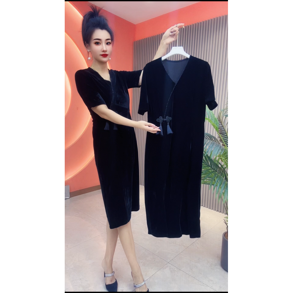 558早秋国风款休闲舒适简单立绒礼服裙