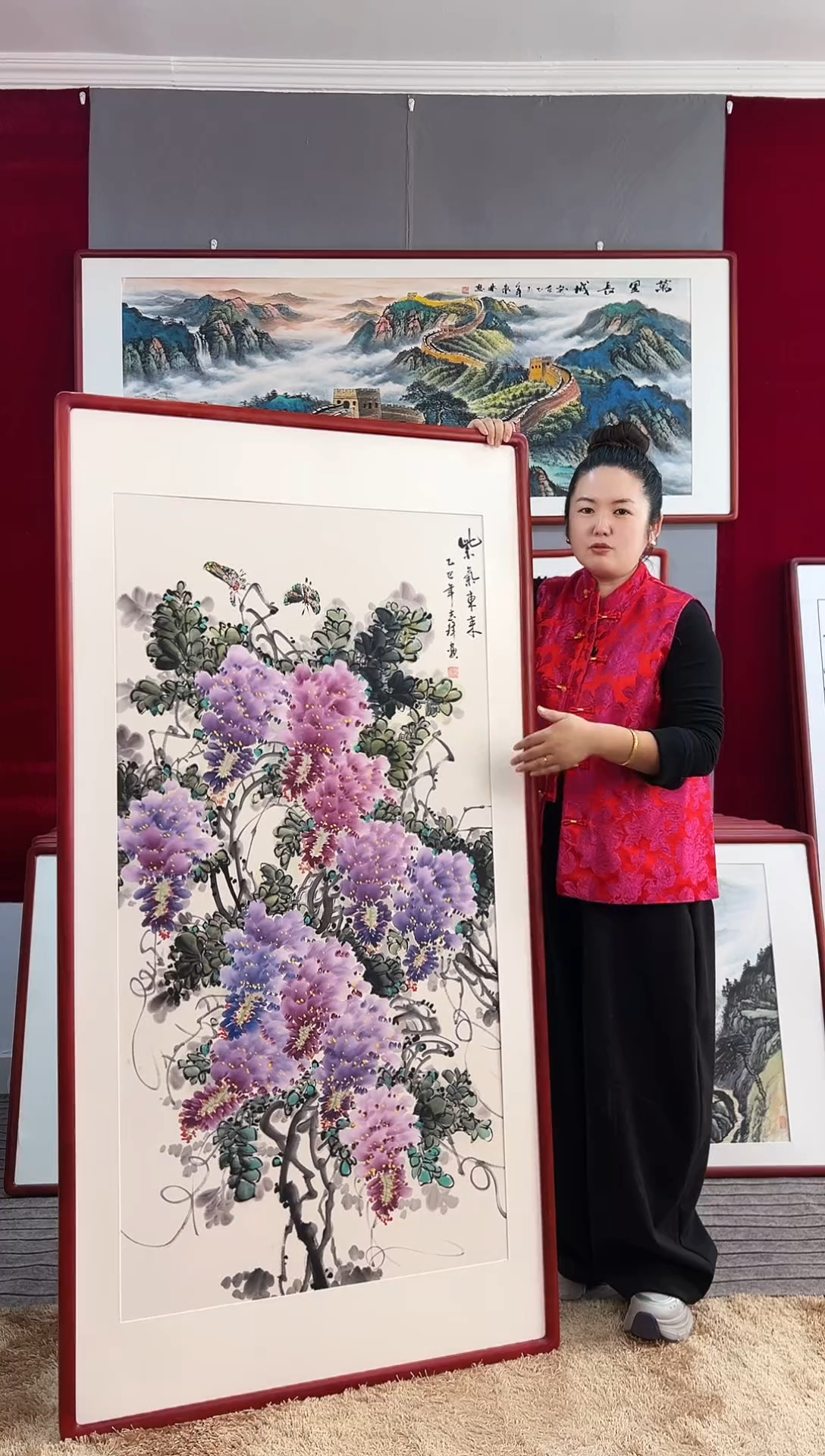国画手绘竖幅紫藤163*83厘米