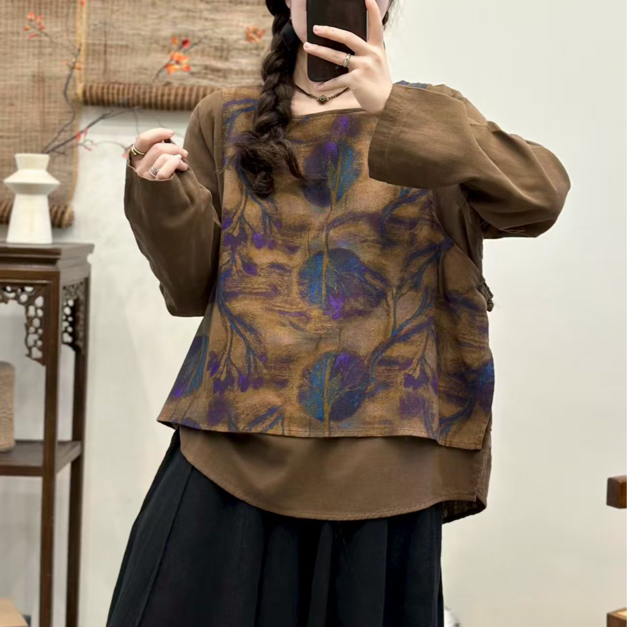 15559新款春秋休闲减龄宽松显瘦印花假两件百搭上衣