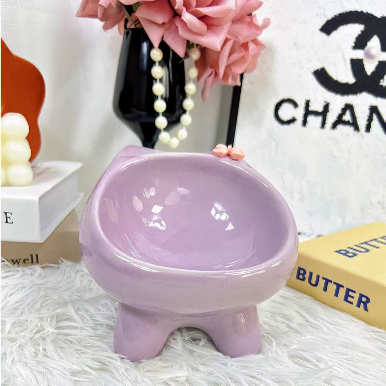 2元开播福利小蝴蝶结陶瓷高脚宠物碗碗