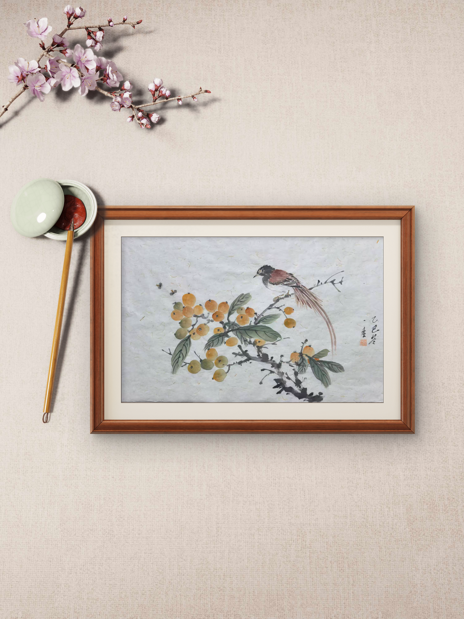 中国画枇杷栖禽伴蜂鸣传统写意画32cm*50cm