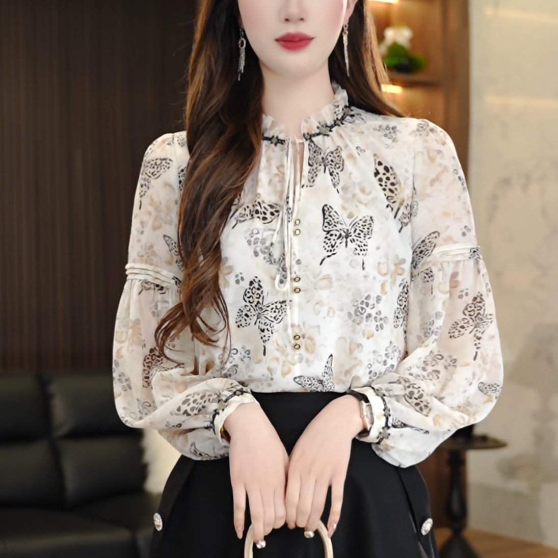 F250087-衬衫女长袖春季新款时尚减龄高端显瘦上衣女套头系带款