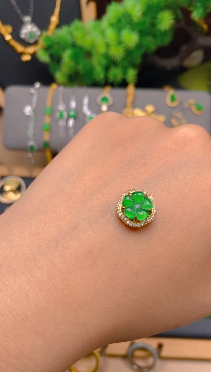 吊坠(不含链)银S925镶嵌翡翠花花