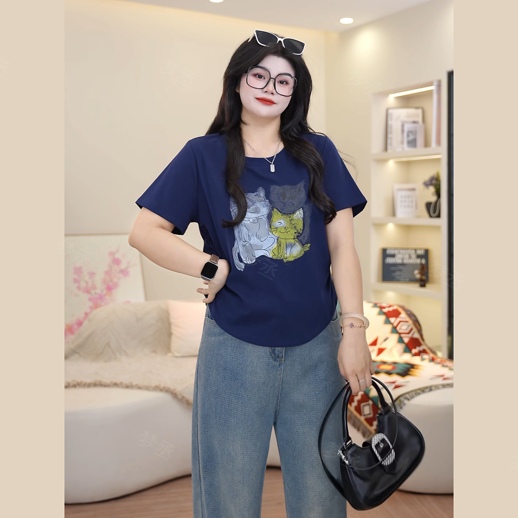 梦丞【吸猫频率】大码女装夏季猫咪卡通印花宽松百搭圆领短袖T恤女