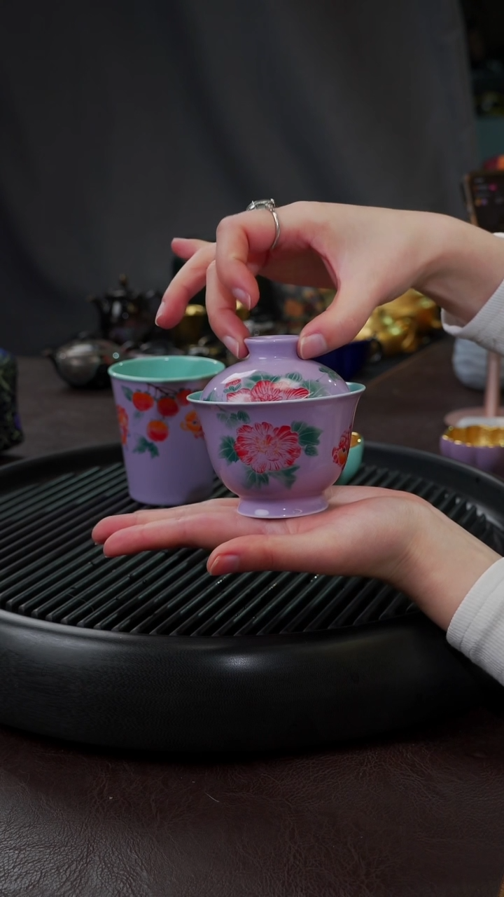 【闪购商品】杯【宜景窑烟幕紫】手绘盖碗