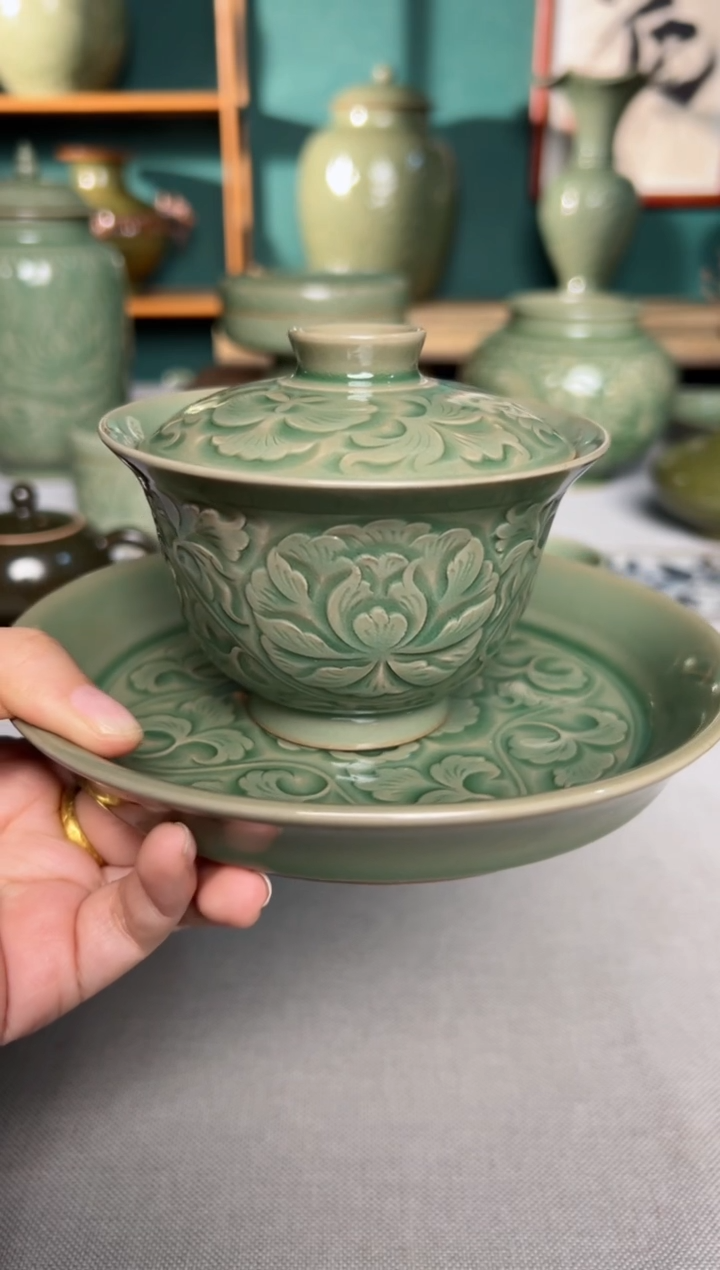 【闪购商品】其他耀州窑纯手工牡丹元宝三才盖碗